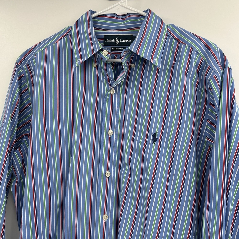 Ralph Lauren Mens Classic Fit Preppy Striped Long Sleeve Shirt Size‎ L Blue